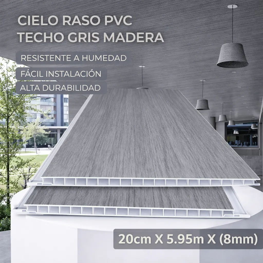 Cielo Raso Pvc Techo Gris Madera Panel 20Cm X 8Mm X 5.95M Resistente A Humedad Fácil Instalación Alta Durabilidad 1