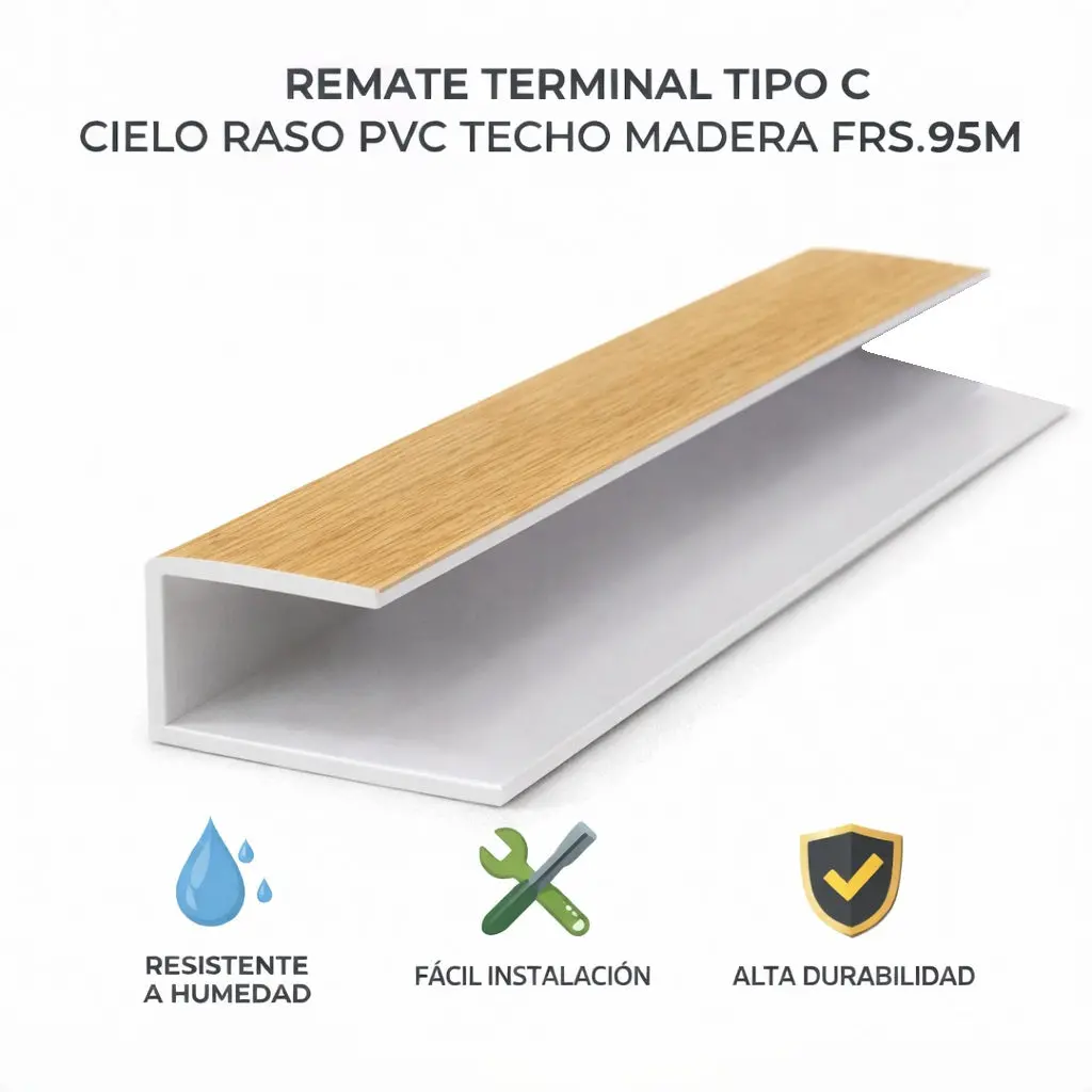 Remate Terminal Tipo C Accesorio Cielo Raso Pvc Techo Madera Fresno 5.95M  Resistente A Humedad Fácil Instalación Alta Durabilidad 1