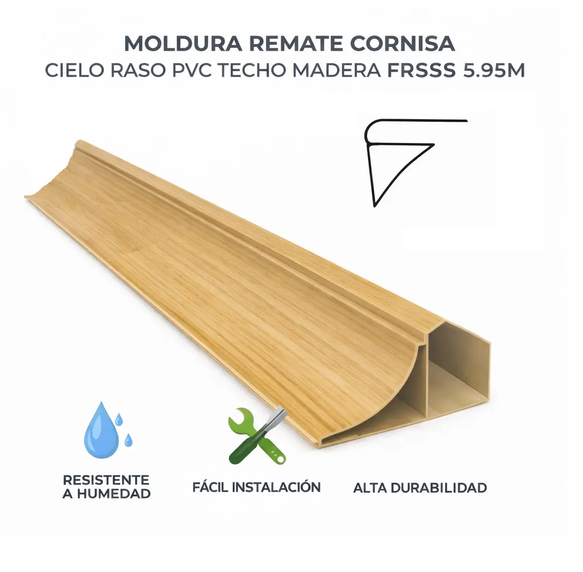 Moldura Remate Accesorio Cornisa Cielo Raso Pvc Techo Fresno Madera 5.95M Resistente A Humedad Fácil Instalación Alta Durabilidad 1