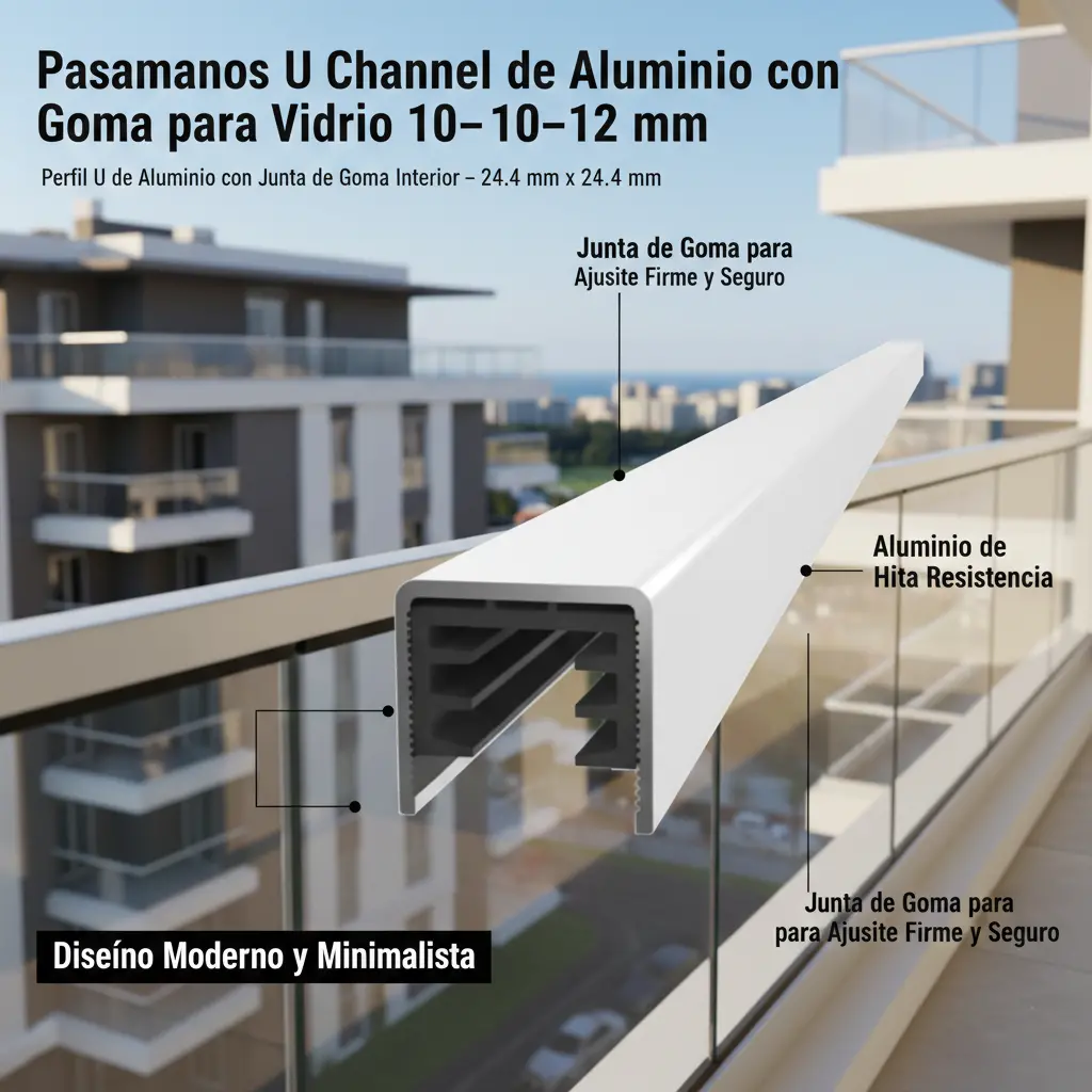 U Channel Pasamanos De Aluminio Color Inox Con Goma, 5.8M De Largo, 24.4Mm Alto Y Ancho Externo Y 21.4Mm Alto Y Ancho Interno 1