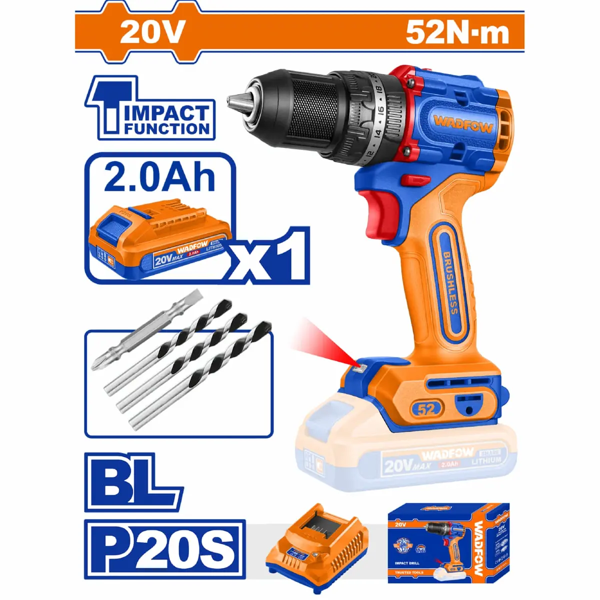 Drill Taladro De Impacto ½” 20V 52Nm 30000Bpm Motor Sin Escobillas. Incluye Batería 2.0Ah Y Cargador. 1