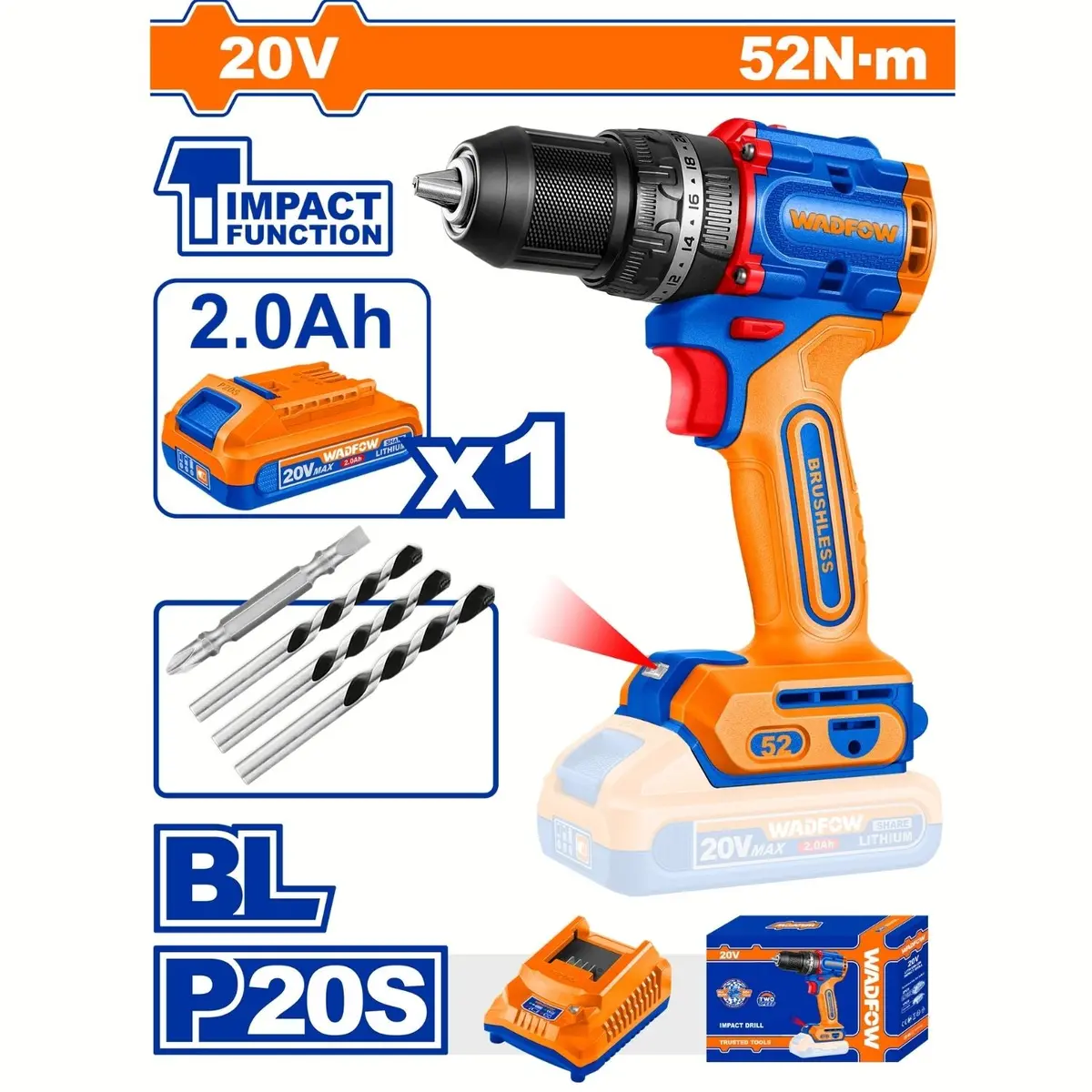 Drill Taladro De Impacto ½” 20V 52Nm 30000Bpm Motor Sin Escobillas. Incluye Batería 2.0Ah Y Cargador. 2