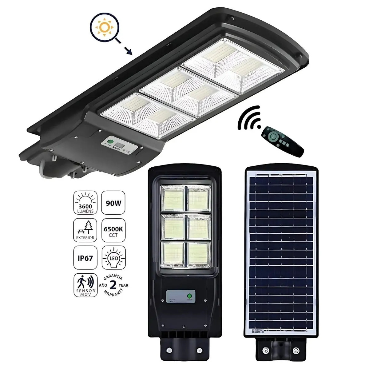 Lámpara Lámpara Solar Led De Calle 90W, 3600 Lm, 6500K Fría. Sensor De Movimiento. Eficiencia En Exteriores. Luminaria. 1