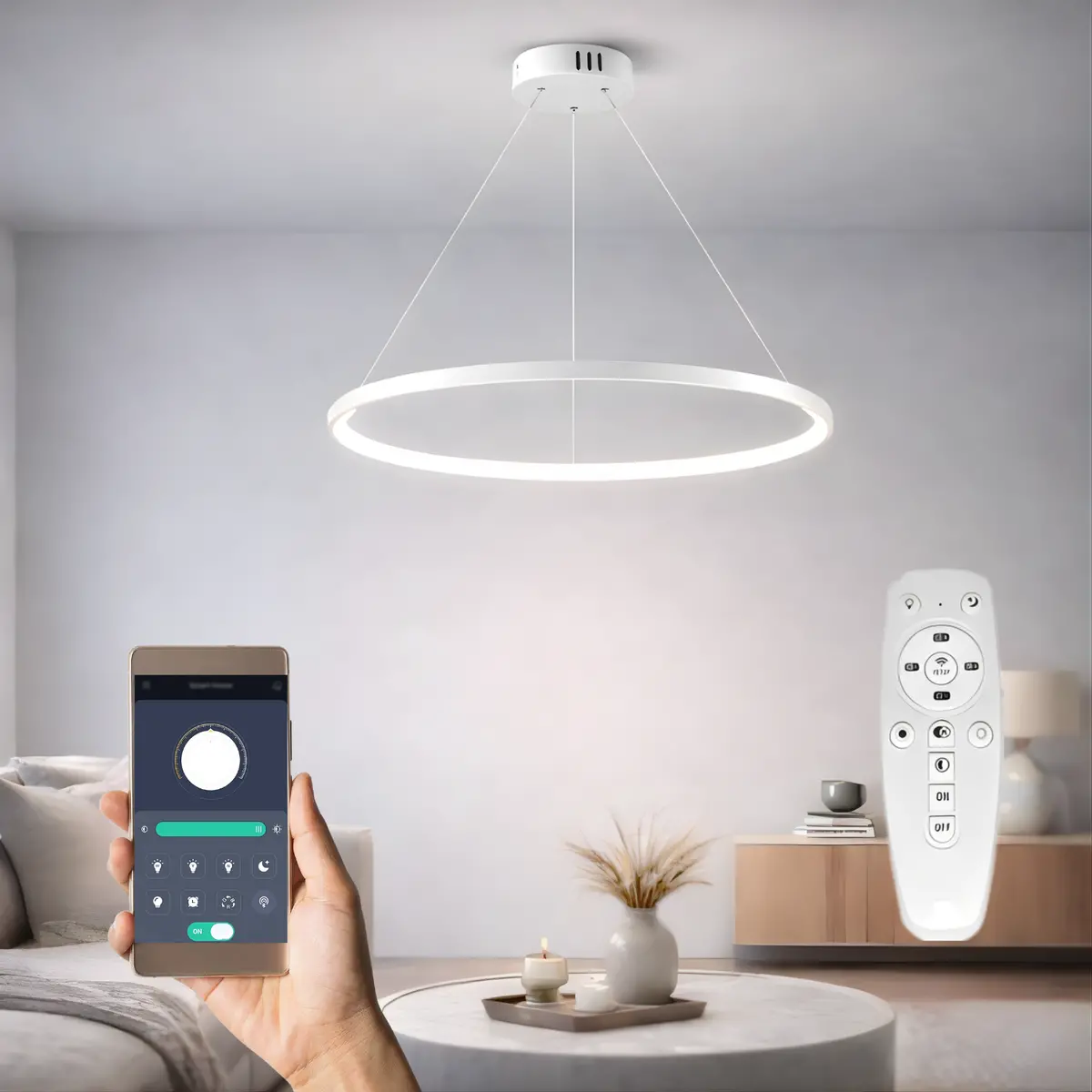 Lámpara Colgante Led Smart 37W 3500 Lúmenes Dimeable 3000K-6500K Con App, Voz Y Control Remoto. 1500X600mm 1
