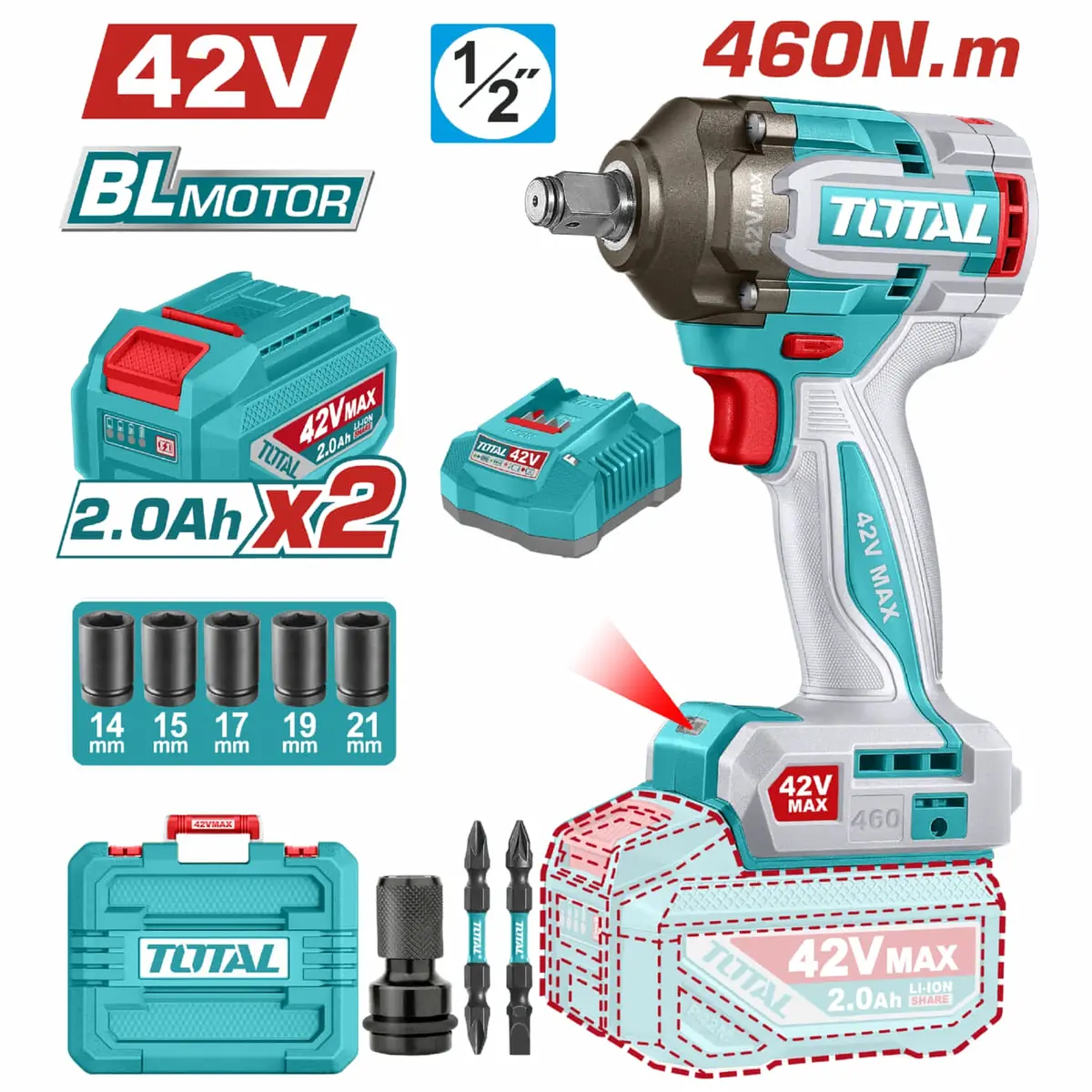 Llave Impacto Dado Cuadrado 1/2" 42V. Motor Sin Escobillas. 460Nm. 2 Baterías Y 1 Cargador. 1