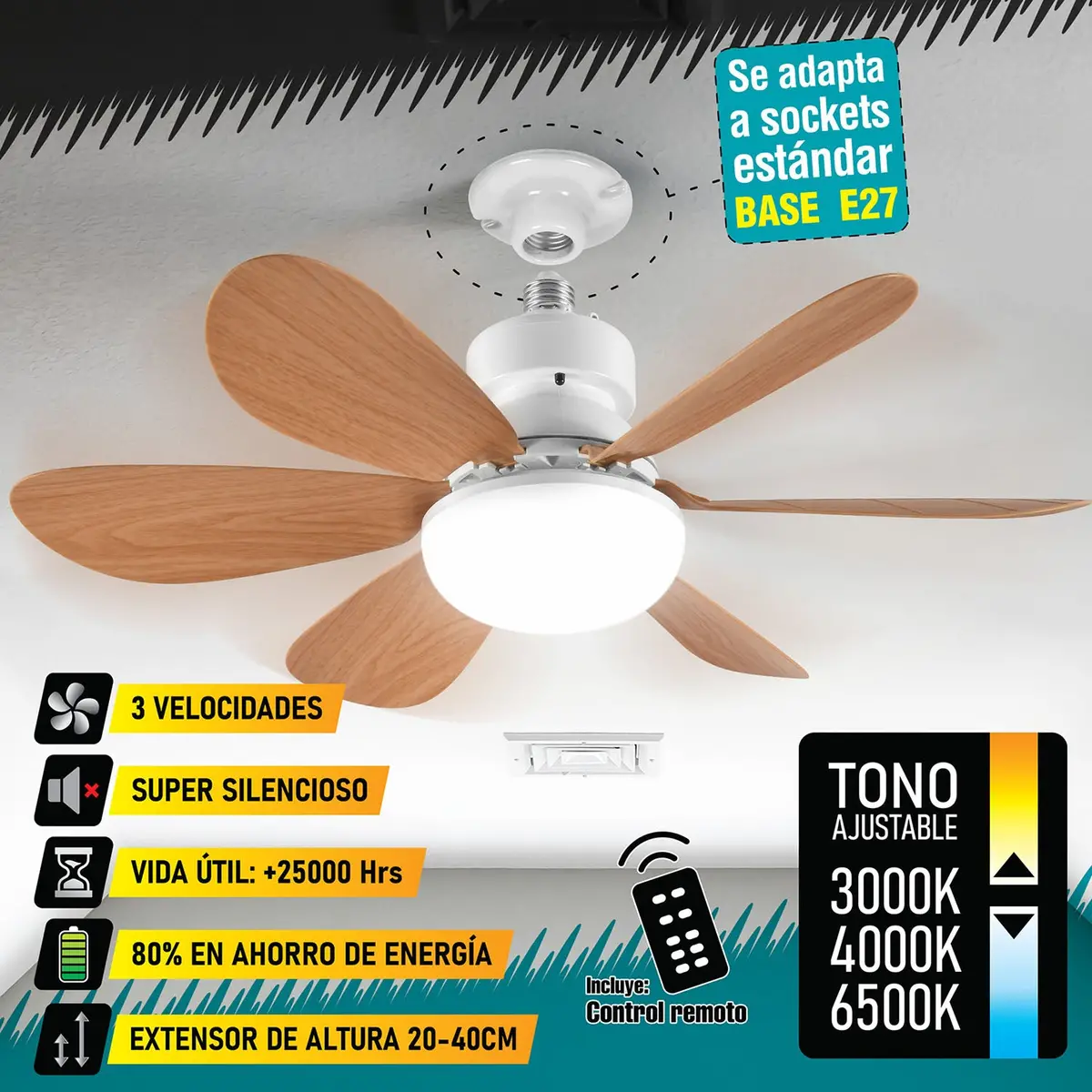 Abanico De Techo 20" Aspas Madera Socket E27 Con Luz Led Tono Ajustable 3000/4000/6500K, 1900 Lumens 6 Aspas 3 Cct 520X185mm 1