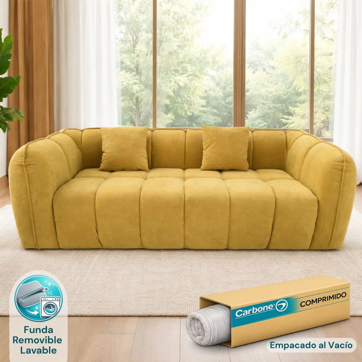 Sofá Empacado Al Vacio Memory Foam De Alta Densidad 220X98x70cm Color Mostaza 1