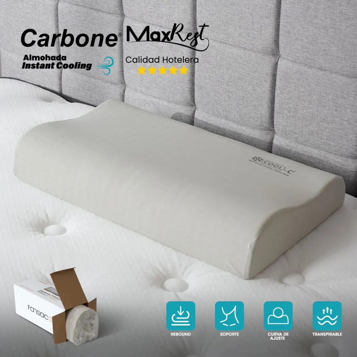 Almohada Cervical 60X35cm Carbone Maxrest 5 Estrellas Con Enfriamiento Instantáneo. Alivia El Dolor Y Mejora La Postura. Calidad Hotelera. 1
