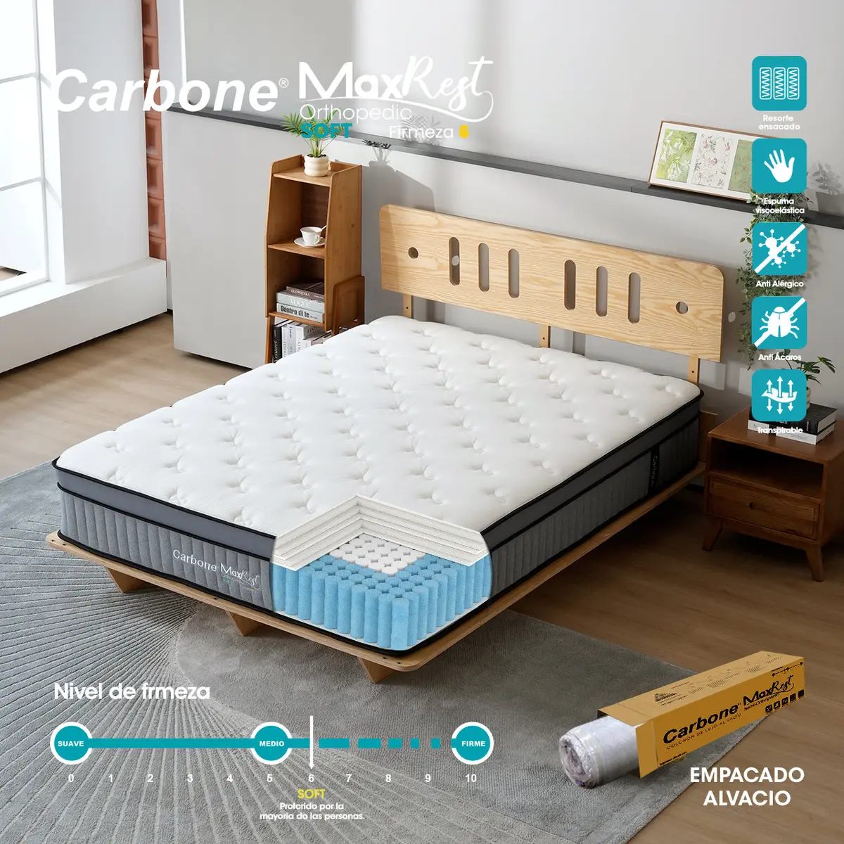 Colchones Ortopédicos Firmeza 6 Carbone Max Rest Empacados Al Vacío Pillow Top Colchón Calidad Hotelera Memory Foam Con Resortes 32Cm Espesor (12.6") 1