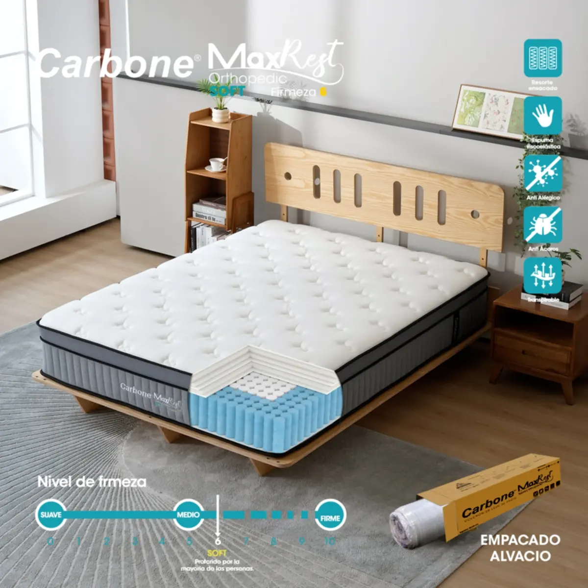 Colchones Ortopédicos Firmeza 6 Carbone Max Rest Empacados Al Vacío Pillow Top Colchón Calidad Hotelera Memory Foam Con Resortes 32Cm Espesor (12.6") 3