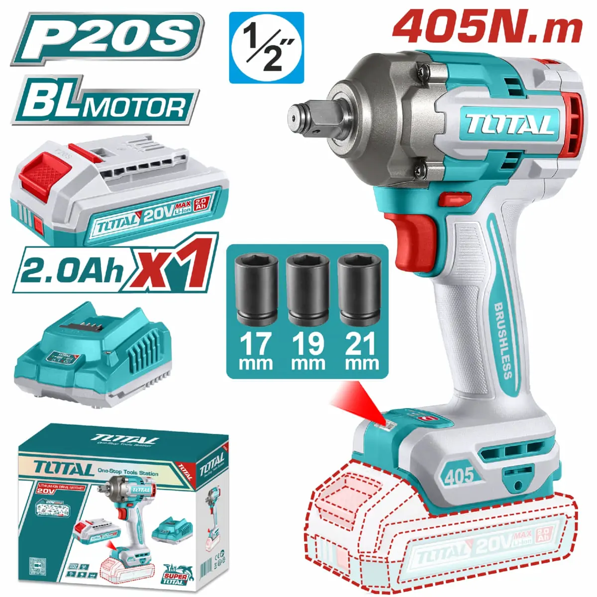 Llave Impacto Dado Cuadrado 1/2" 20V Motor Sin Escobillas 405Nm 0-3000 Bpm 1 Batería Y 1 Cargador. 1