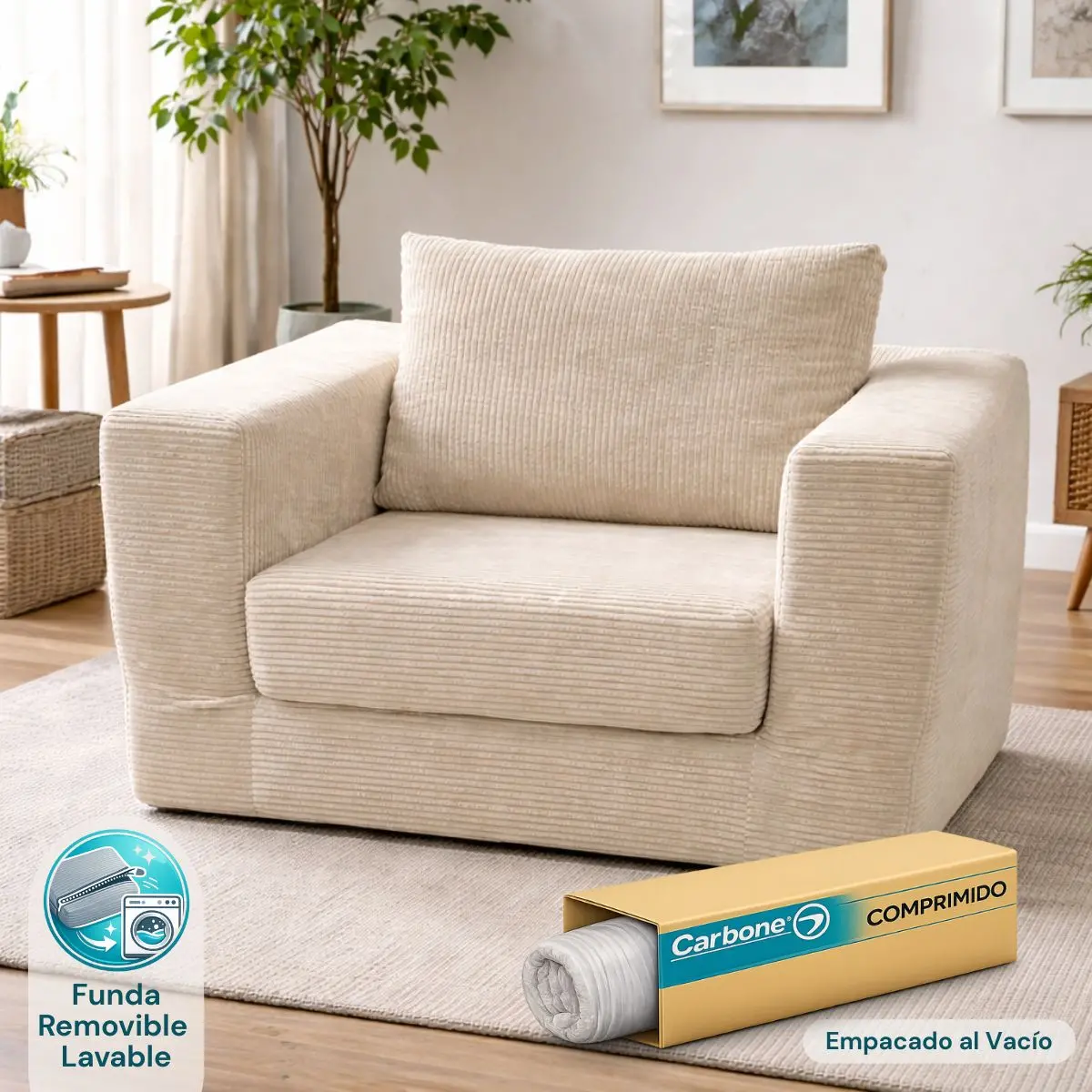 Sofá Empacado Al Vacio Memory Foam De Alta Densidad 124X84x70cm Color Beige Claro 1