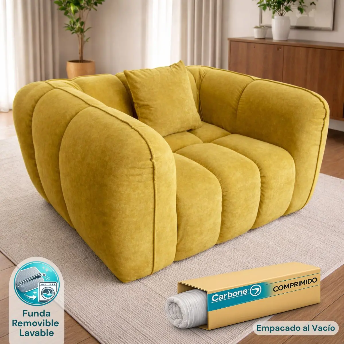 Sofá Empacado Al Vacio Memory Foam De Alta Densidad 118X98x70cm Color Mostaza 1