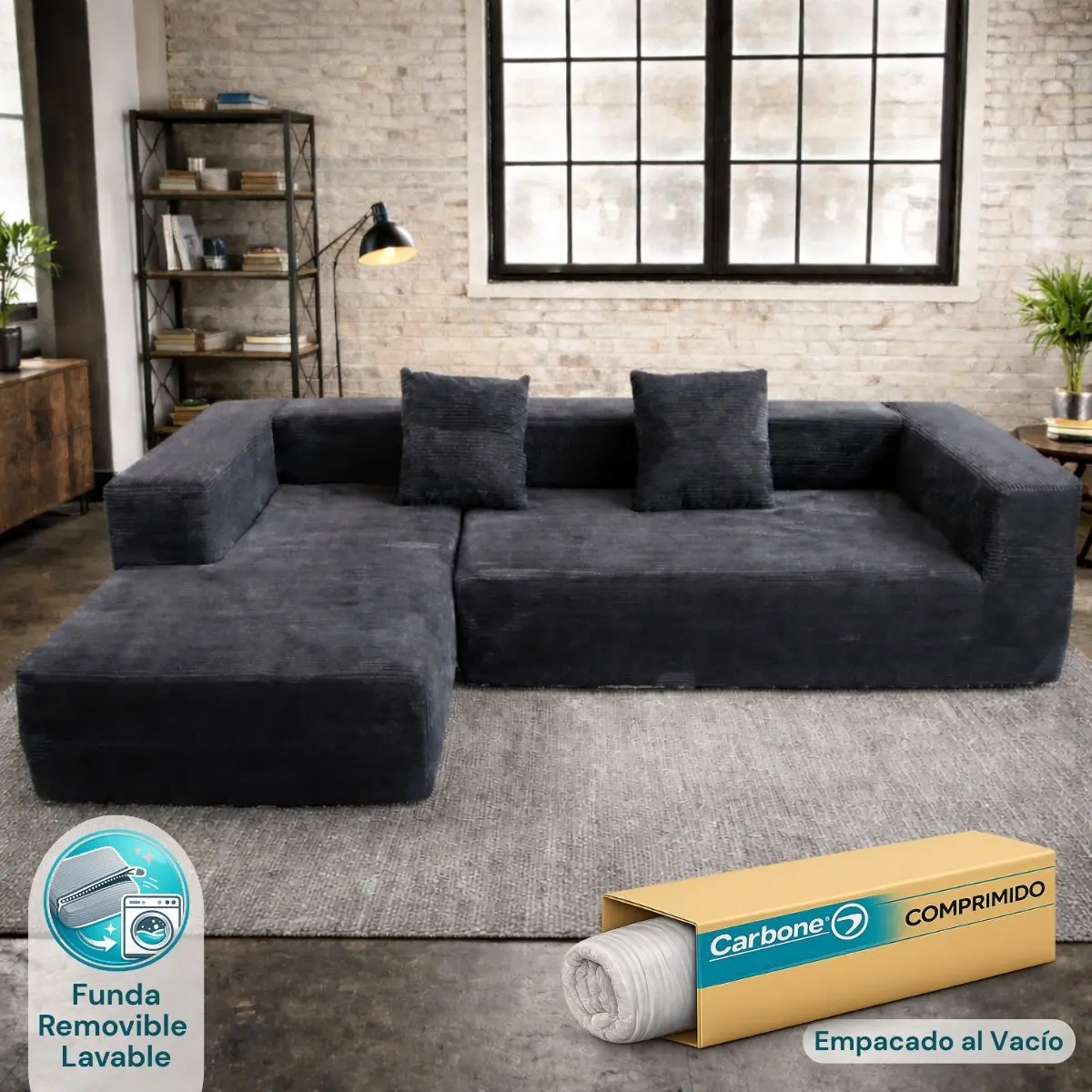 Sofá Seccional En L Empacado Al Vacio Memory Foam De Alta Densidad 280X100x60cm Color Negro 1