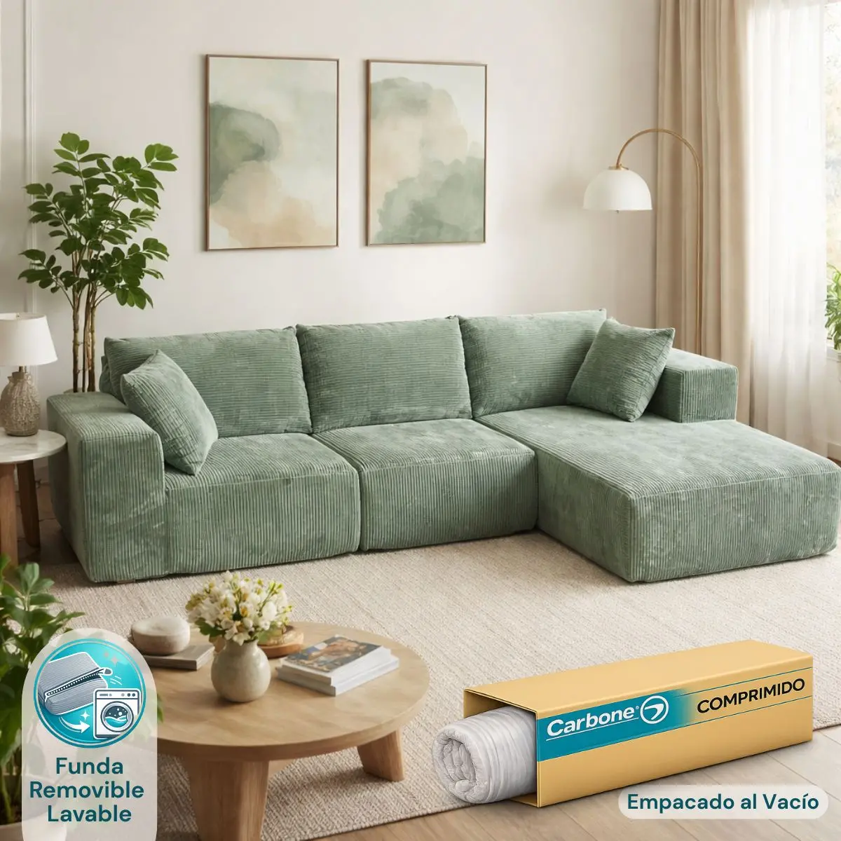 Sofá Seccional En L Empacado Al Vacio Memory Foam De Alta Densidad 274X100x60cm Color Verde 1