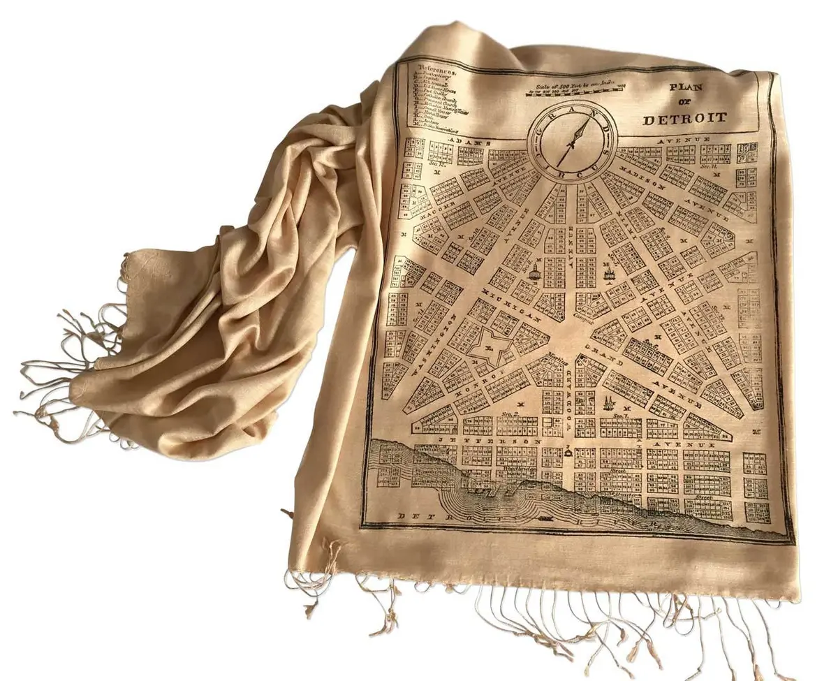 Detroit Map Printed Linen Weave Pashmina Scarf, 1831 City Plan 2