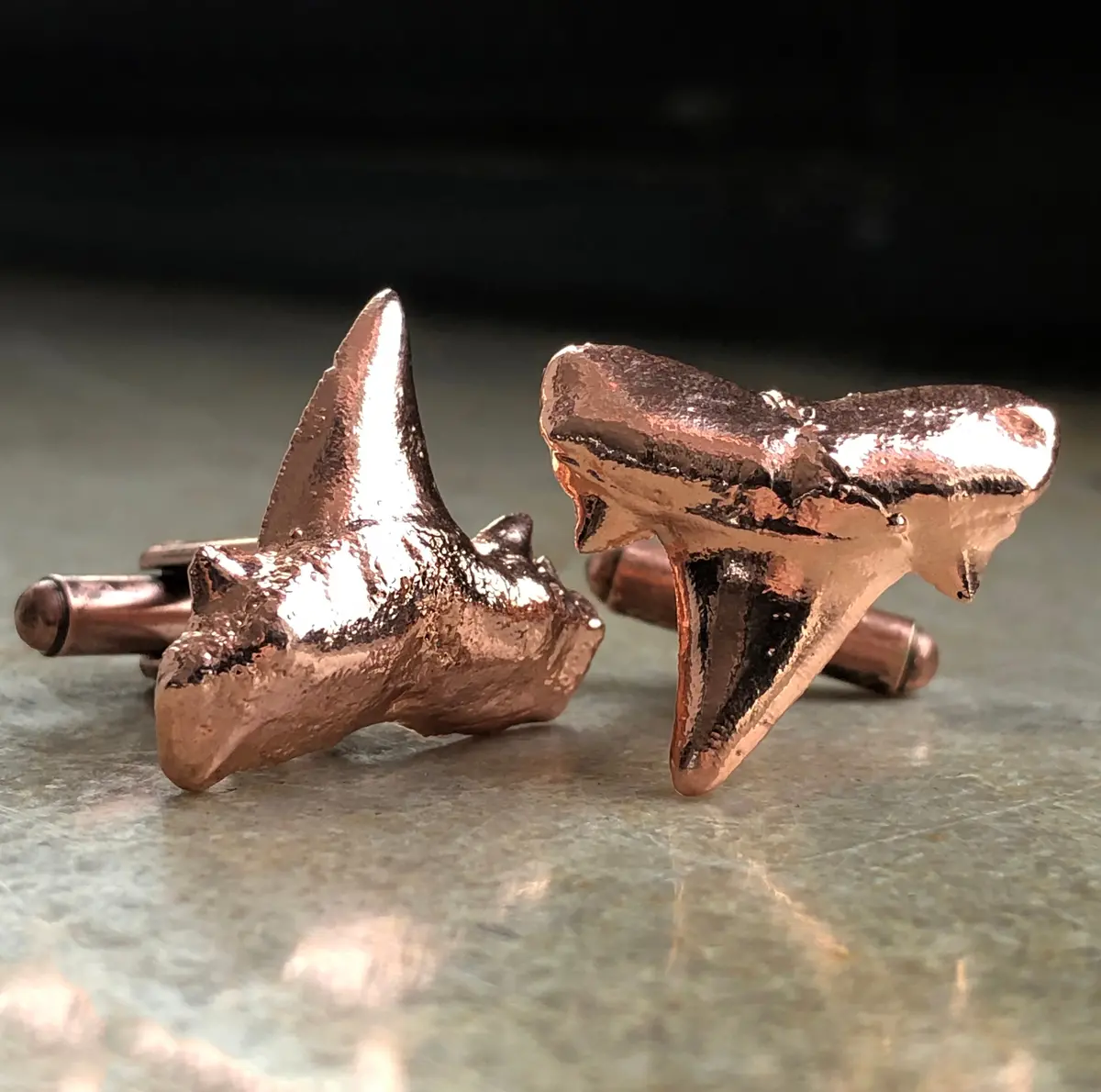 Copper Plated Fossil Shark Tooth Cufflinks, Electroformed Copper 1