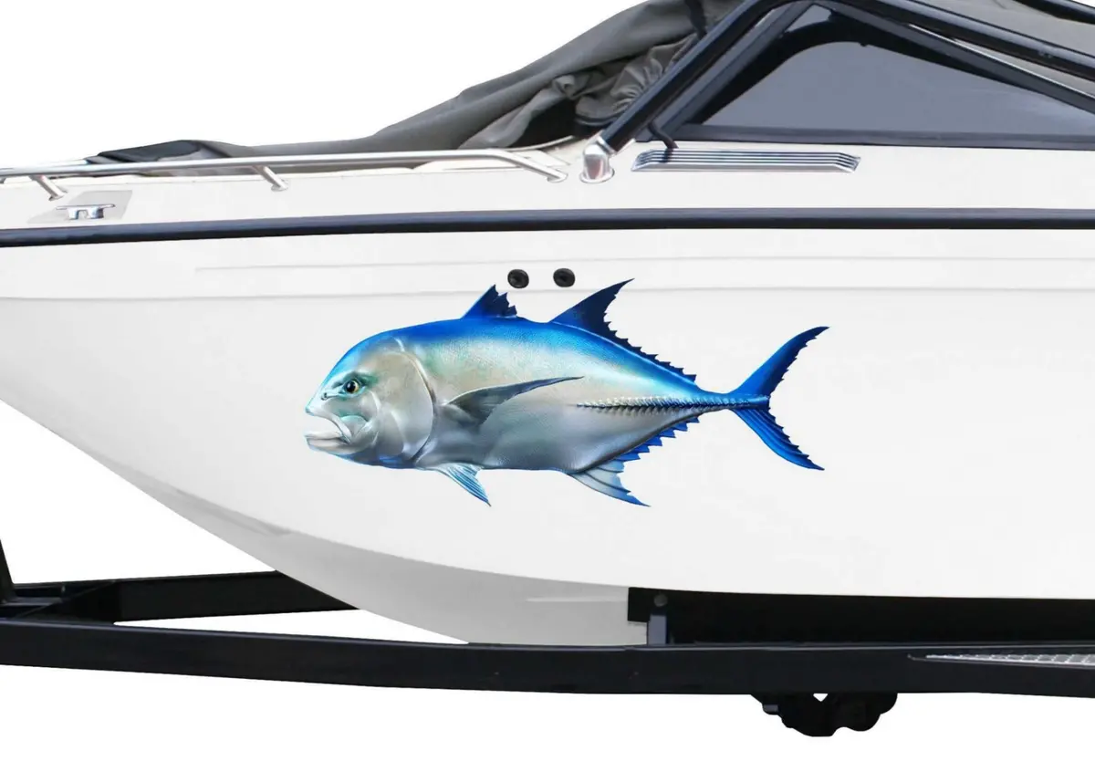 Giant Trevally Boat Decal – Blue-Silver Vinyl Fish Graphic 1
