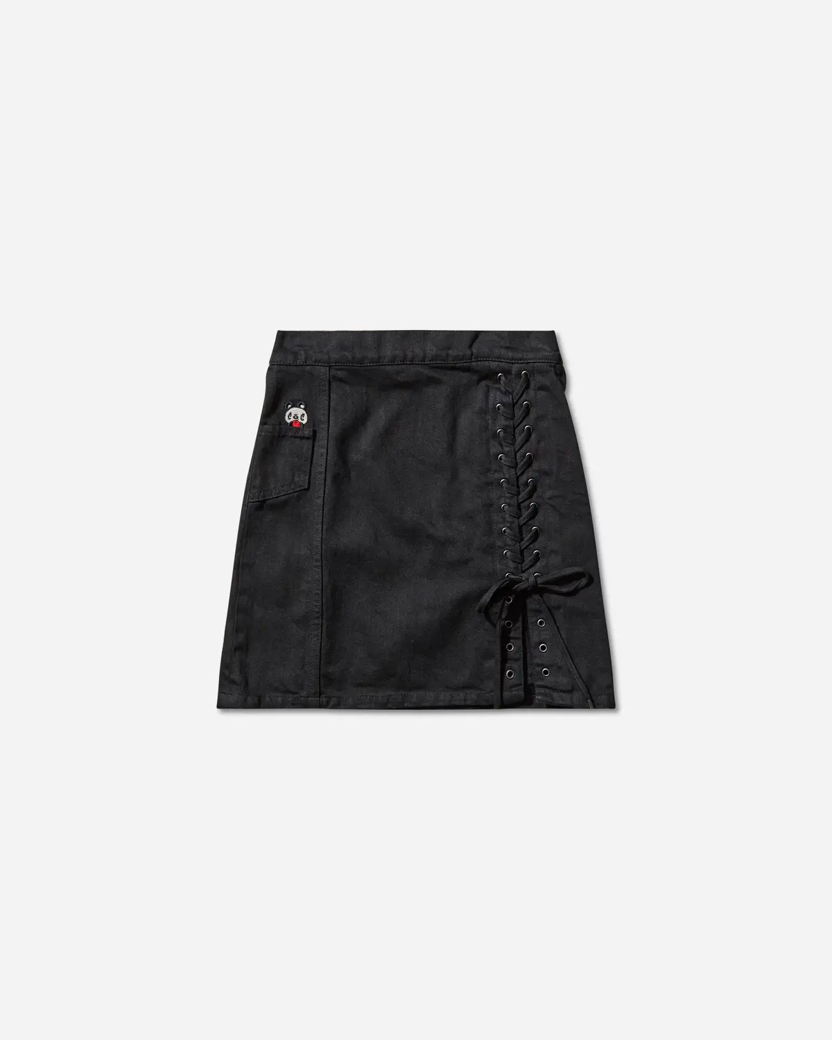 Women's Apple Panda Embroidered Side Lace-Up Denim Mini Skirt Black 1