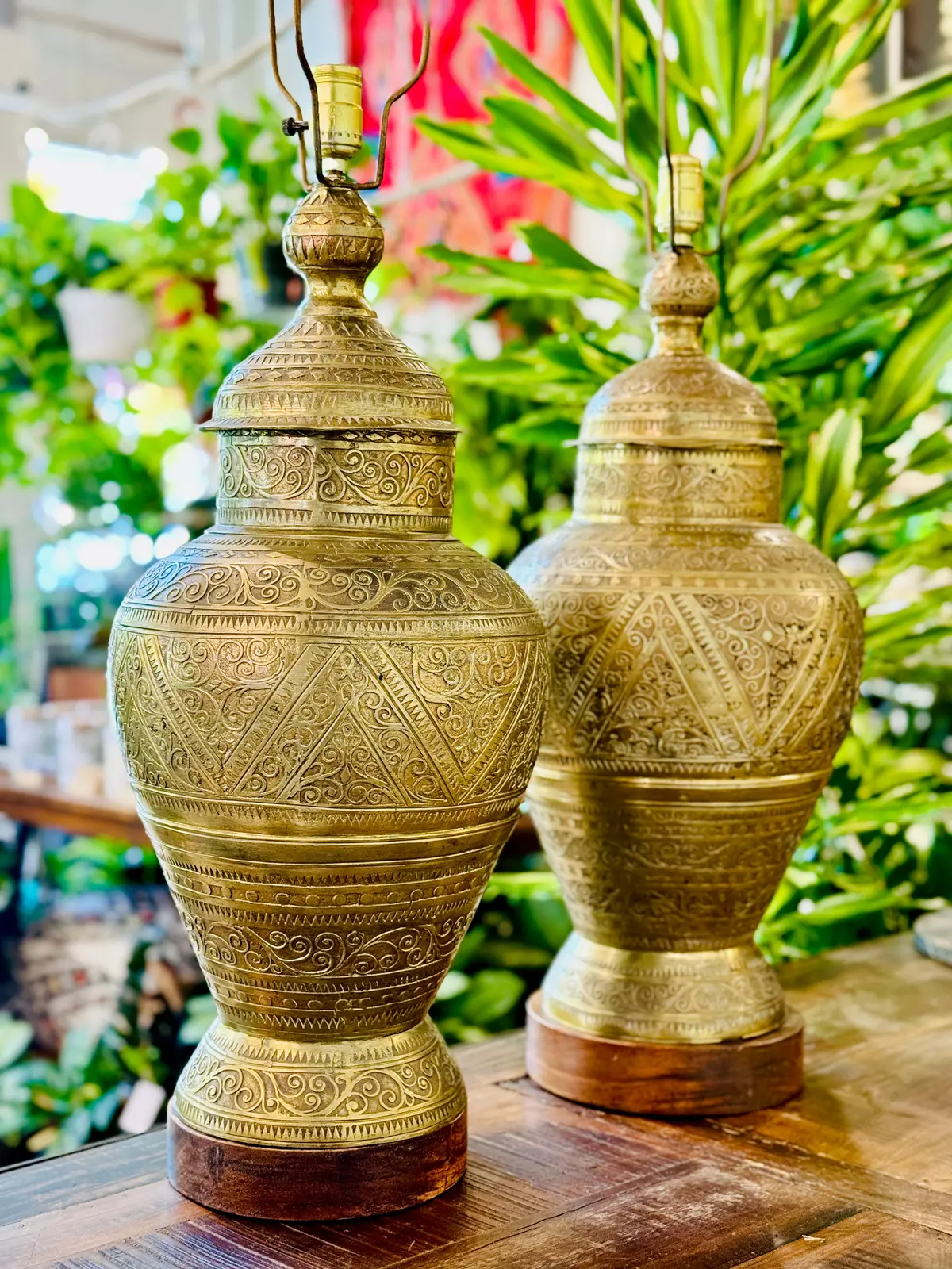 Antique Hand-Etched Anglo-Indian Brass Lamps 1