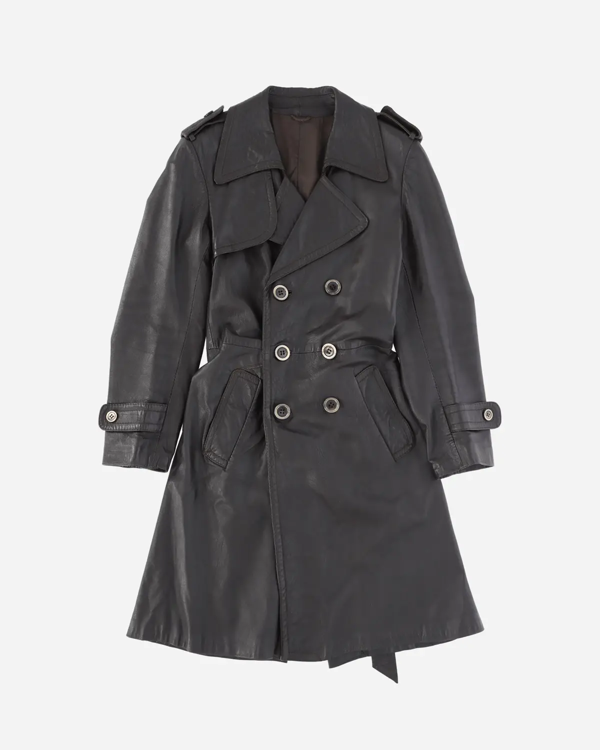 Men's Double Breasted Belted Leather Trench Dark Brown 1