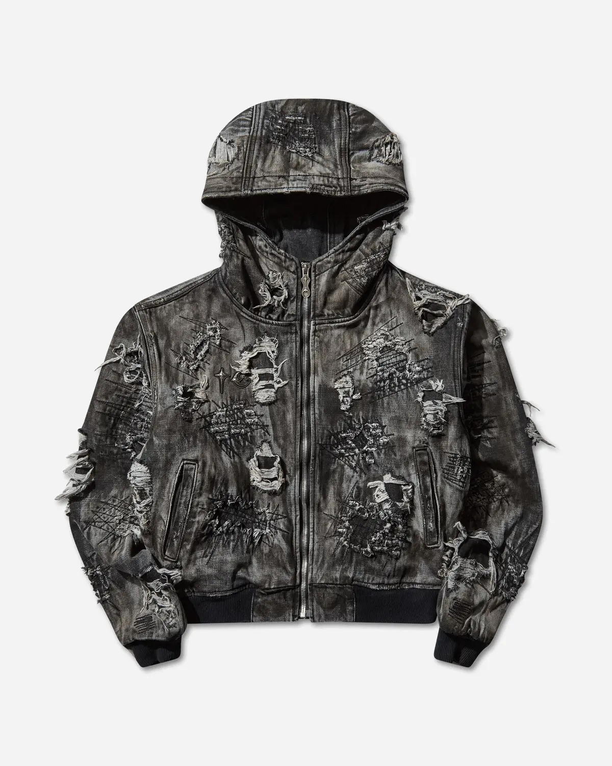 Men's Hard-Washed Damaged Denim Hooded Zip-Up Jacket Black 1
