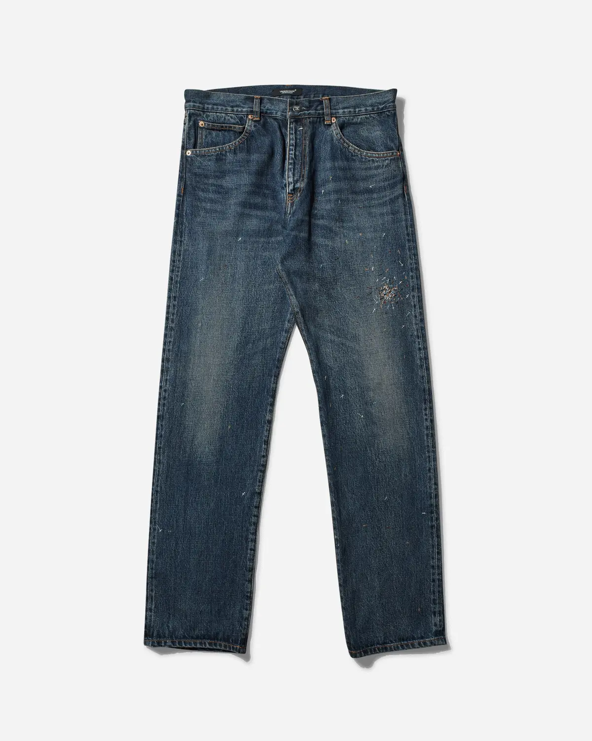 Men's Cross Embroidery Distressed Denim Pants Light Blue Indigo 1