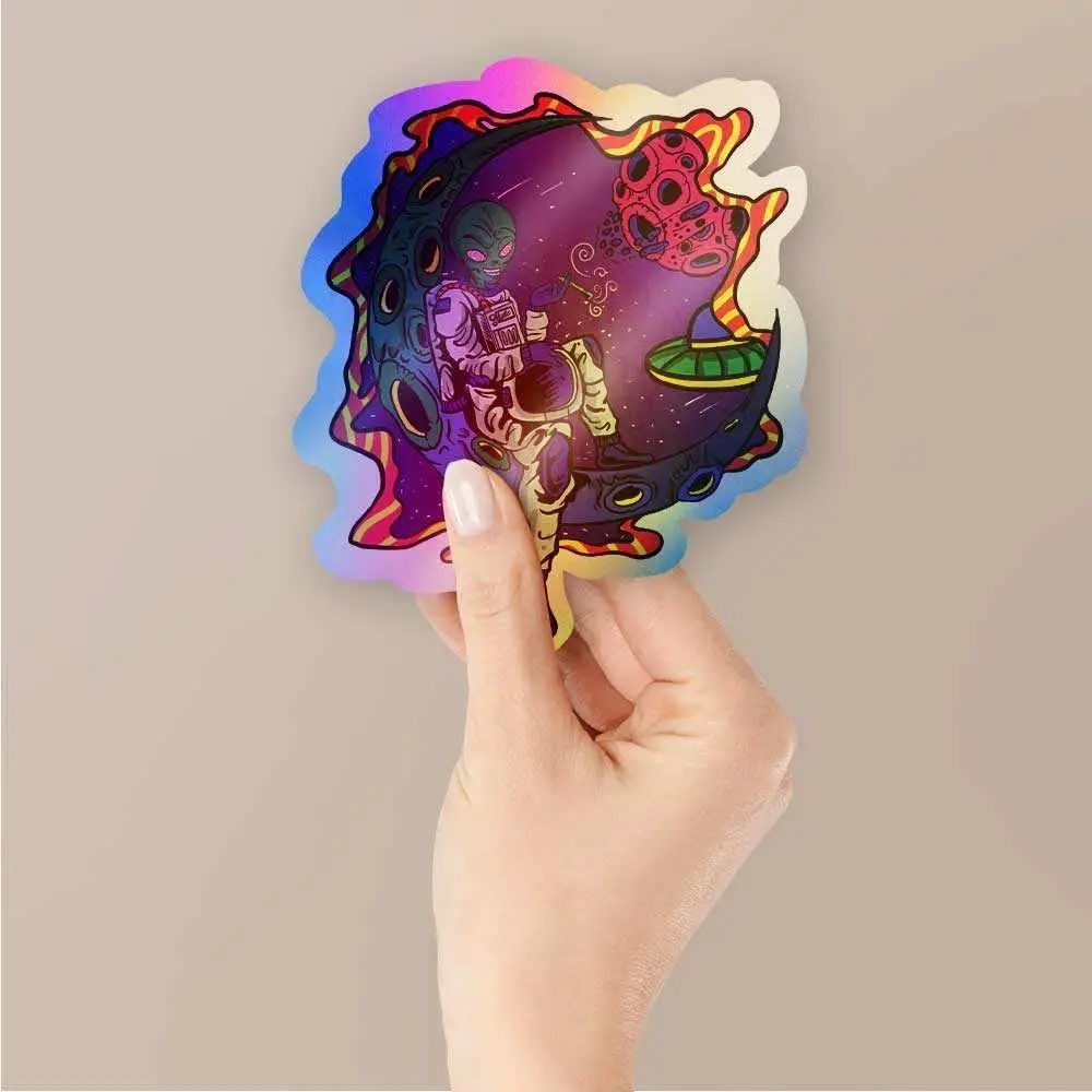 Alien On Moon Holographic Stickers 2