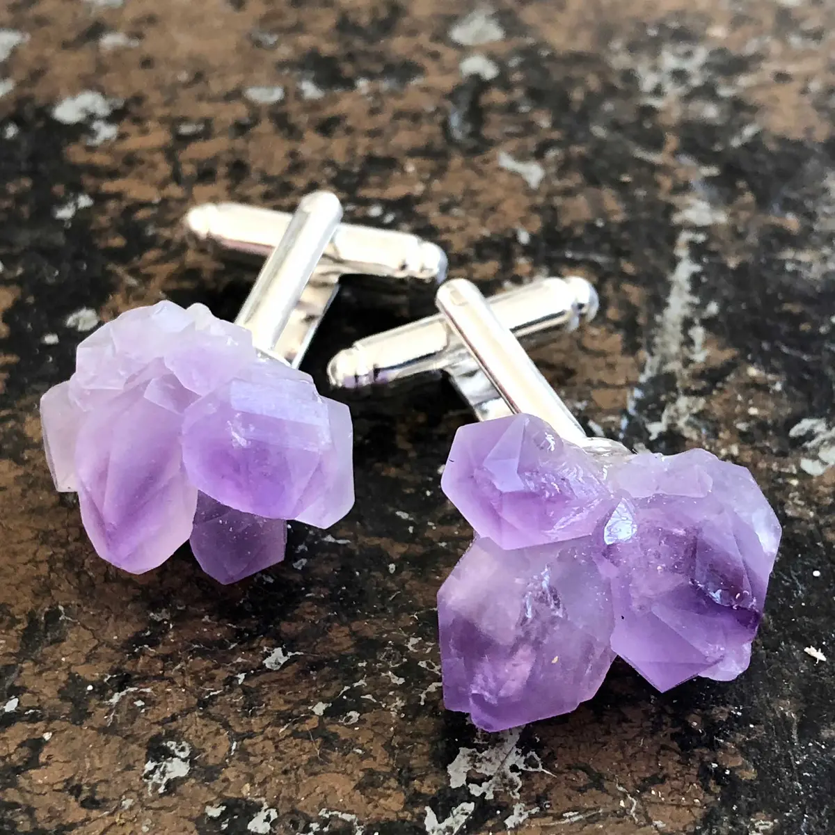 Amethyst Crystal Cluster Cufflinks, Raw Stone Men's Cuff Links 1
