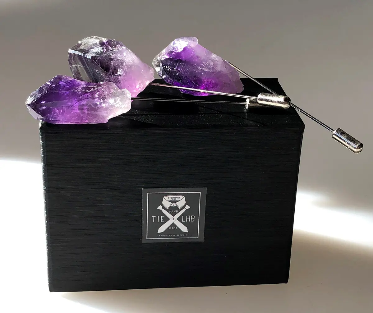 Deep Purple Uruguay Amethyst Crystal Lapel Pin, Raw Stone Crystal Brooch 1