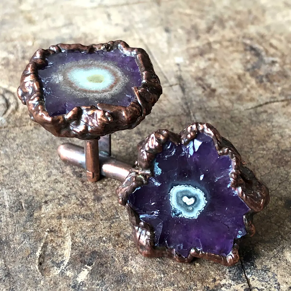 Amethyst Stalactite Slice Cufflinks, Electroformed Crystal Cuff Links 1
