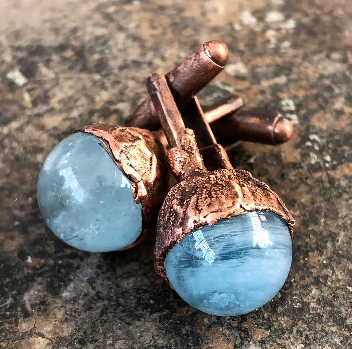 Aquamarine Sphere Cufflinks, Electroformed Copper Gemstone Cuff Links 1