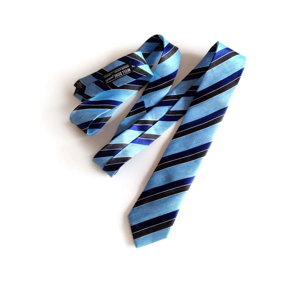 Blue Striped Linen Necktie. "Atwater" Woven Silk Blend Tie. 1