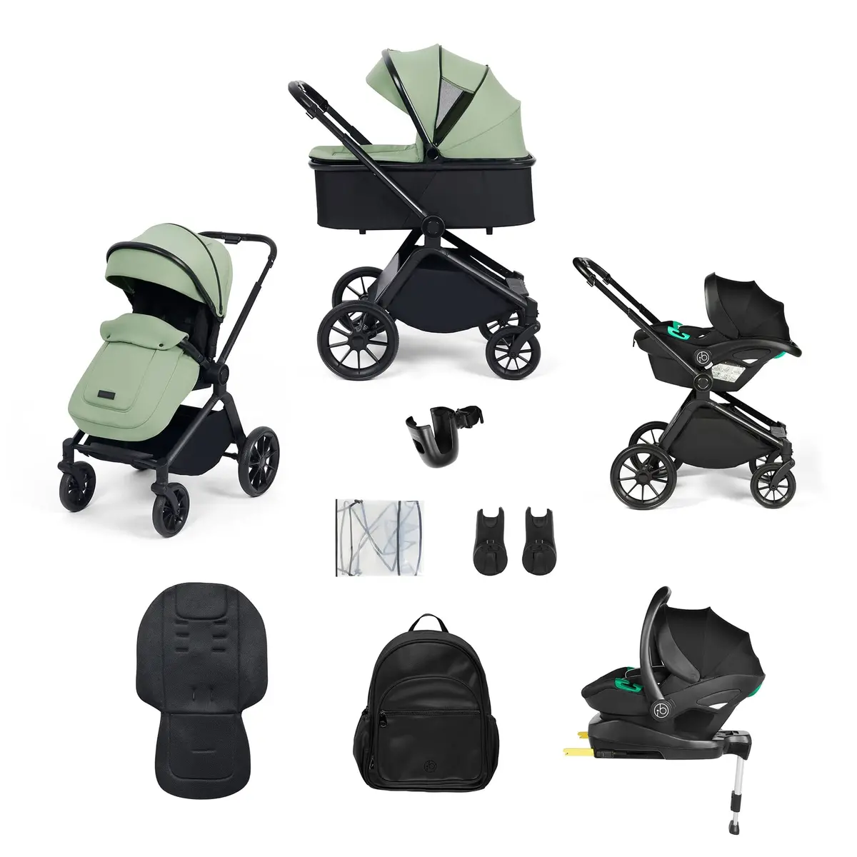 Ickle Bubba Altima 12 Piece Travel System With I-Size Stratus Car Seat & Isofix Base - Sage Green 1