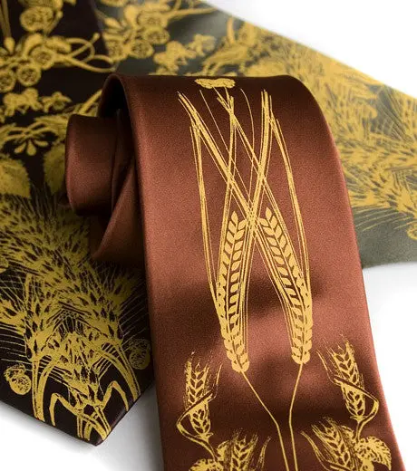 Beer Necktie. Hops & Wheat Print Silk Tie 1