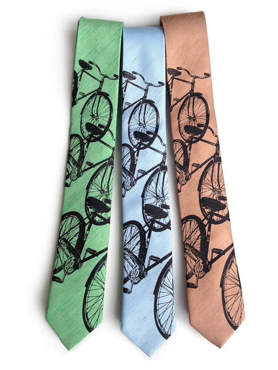 Bicycle Print Linen Necktie. Triple Cruiser Bike Tie 1