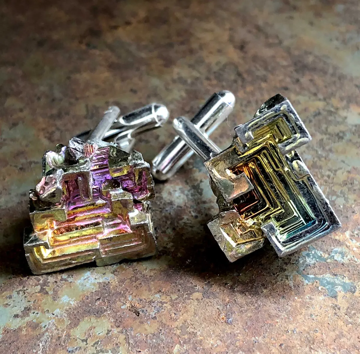 Bismuth Cufflinks, Raw Stone Geometric Crystal Cuff Links 1