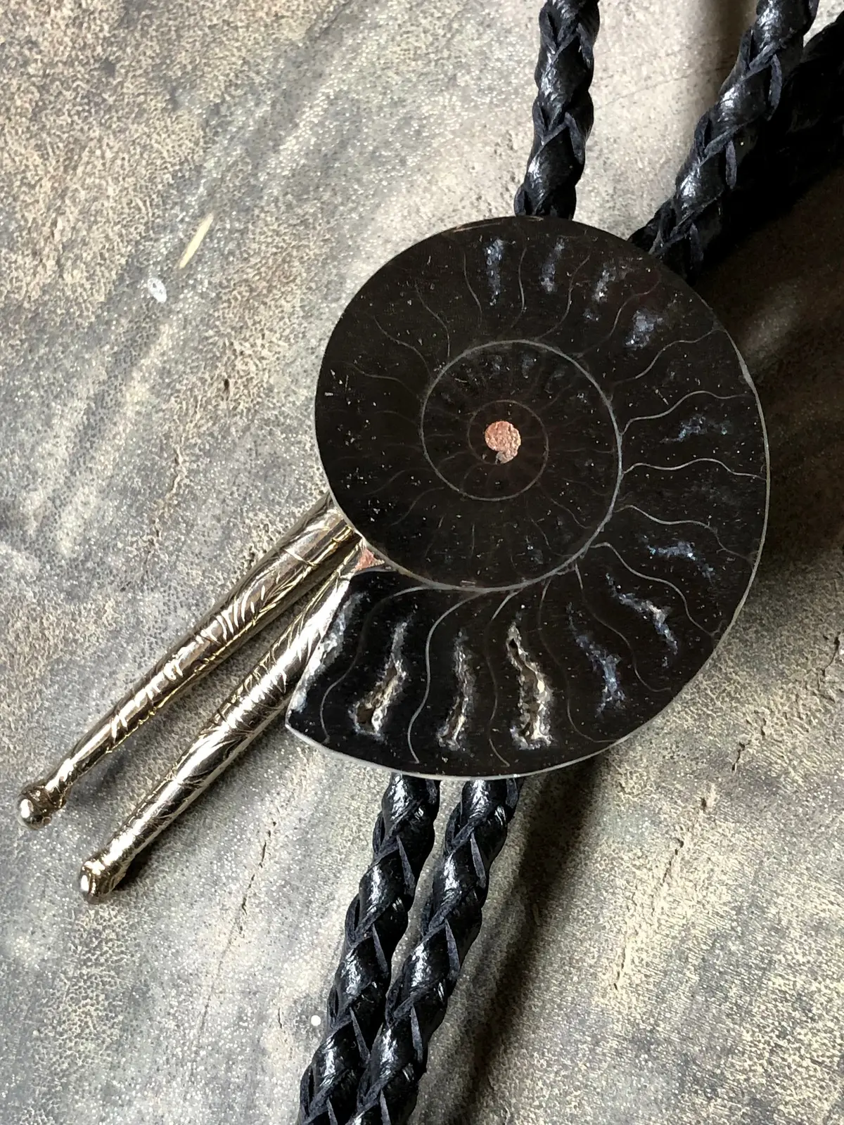 Black Ammonite Fossil Bolo Tie, Dark Tones Stone Western Tie 1