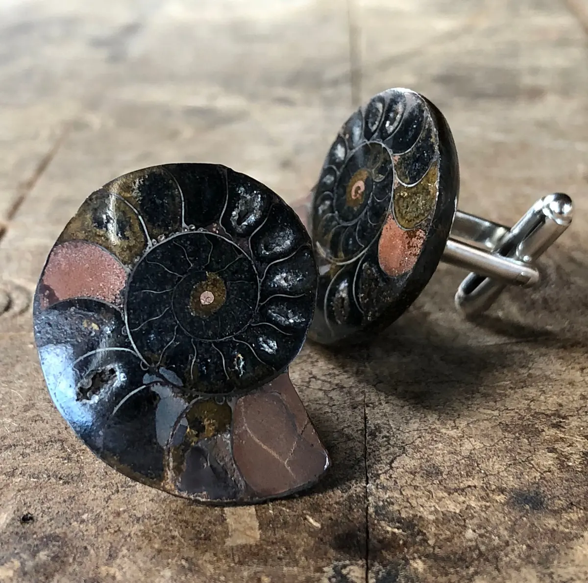 Black Ammonite Cufflinks, Fossil Gemstone Cufflinks 1