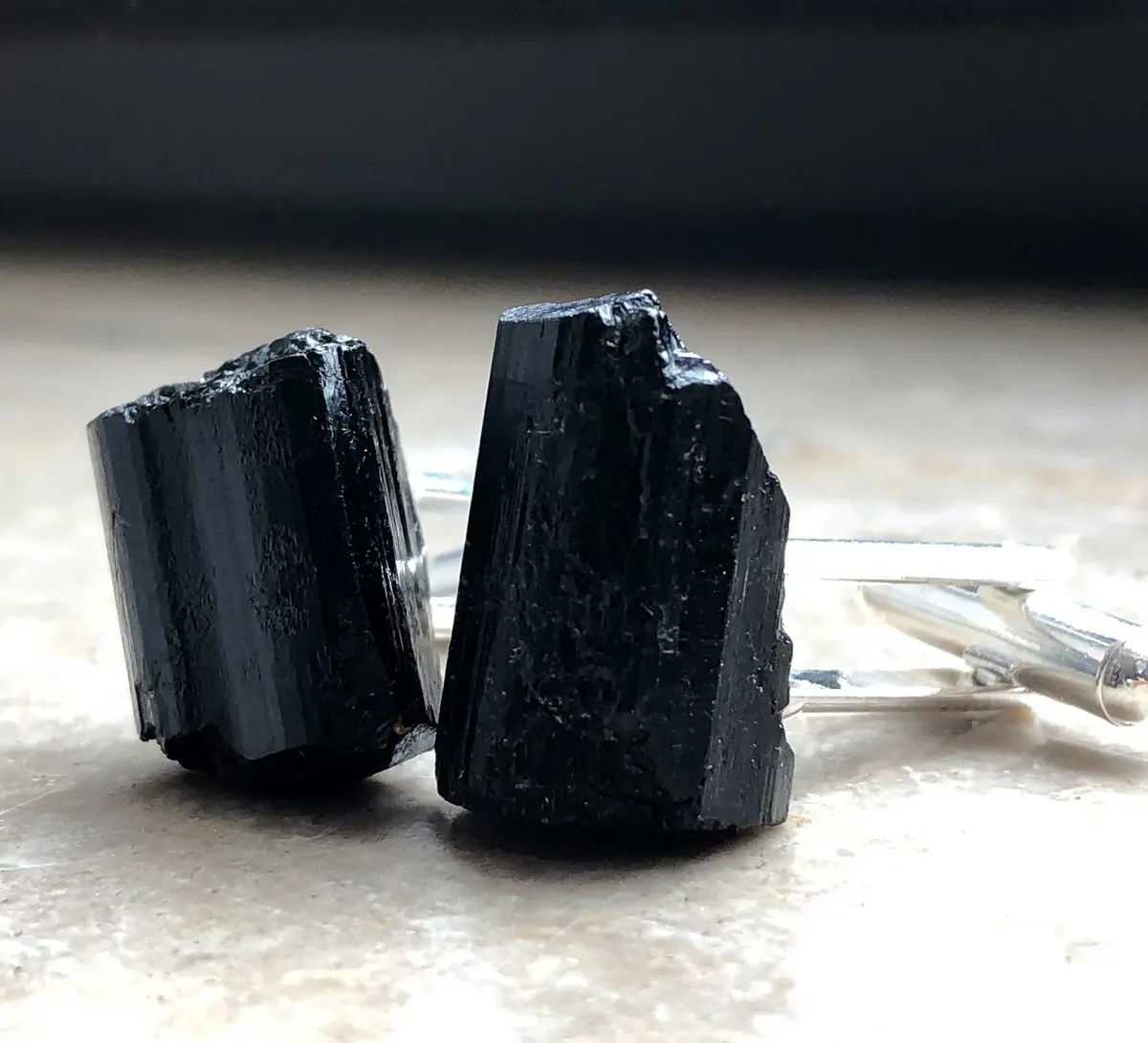 Black Tourmaline Cufflinks, Rugged Raw Stone Cuff Links 1