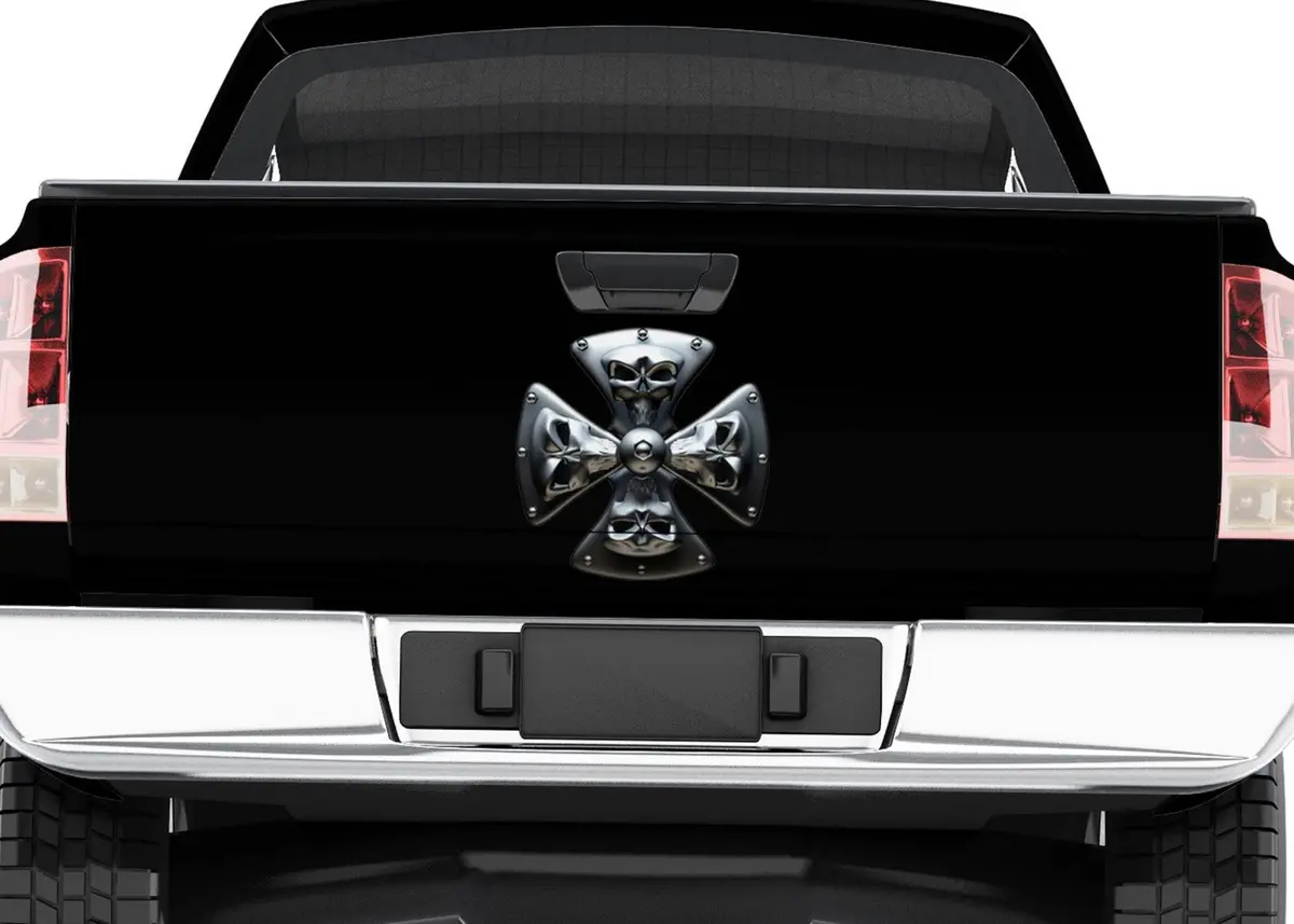 Dark Chrome Maltese Skull Cross Tailgate Decal – For Trucks 1