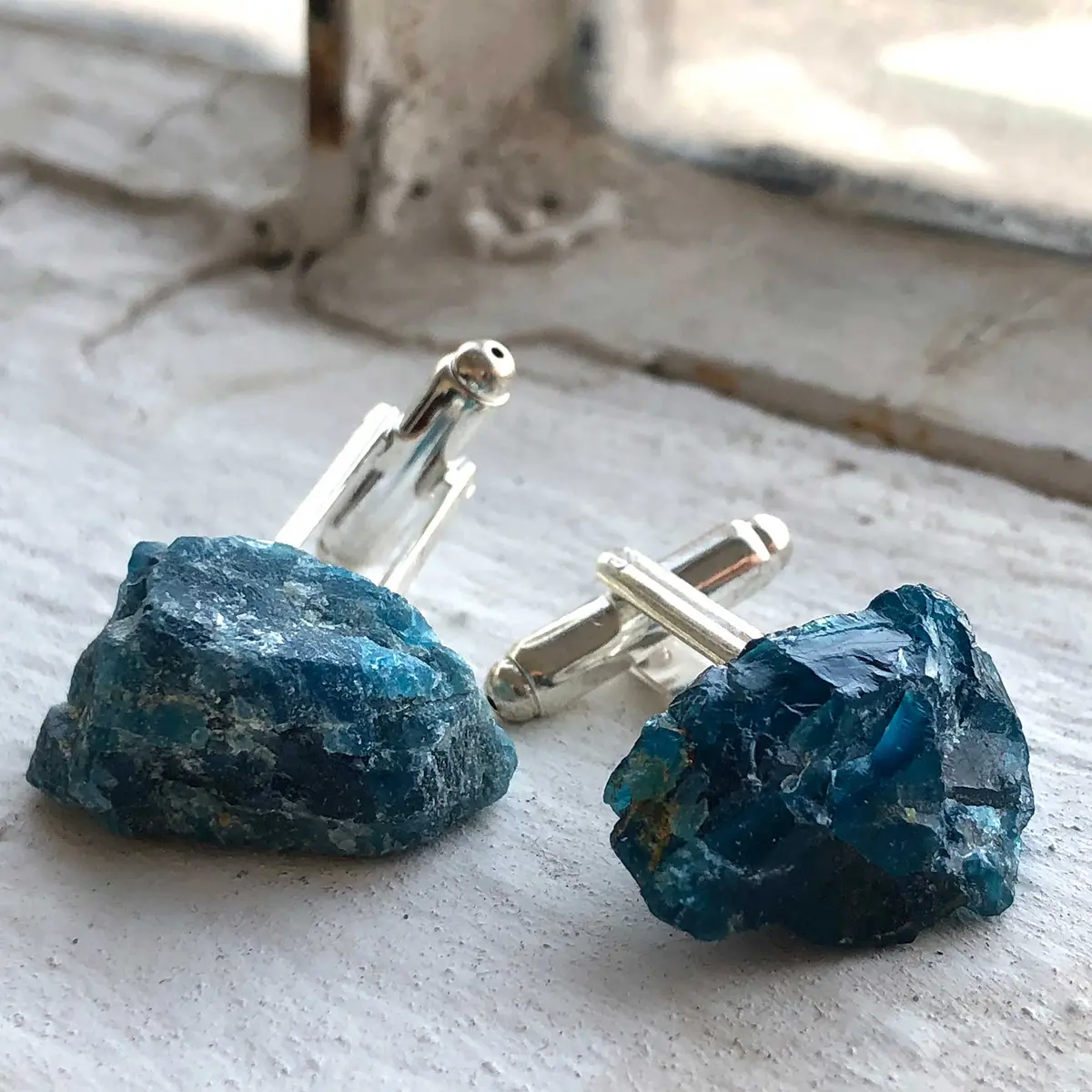 Blue Apatite Cufflinks, Natural Raw Stone Men's Cufflinks 1