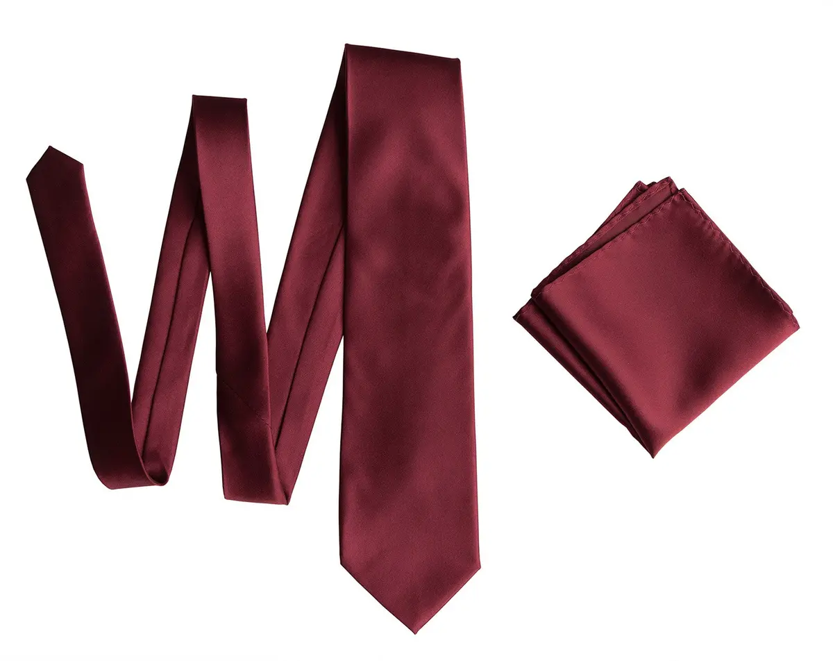 Burgundy Necktie. Solid Color Dark Red Satin Finish Tie, No Print 6