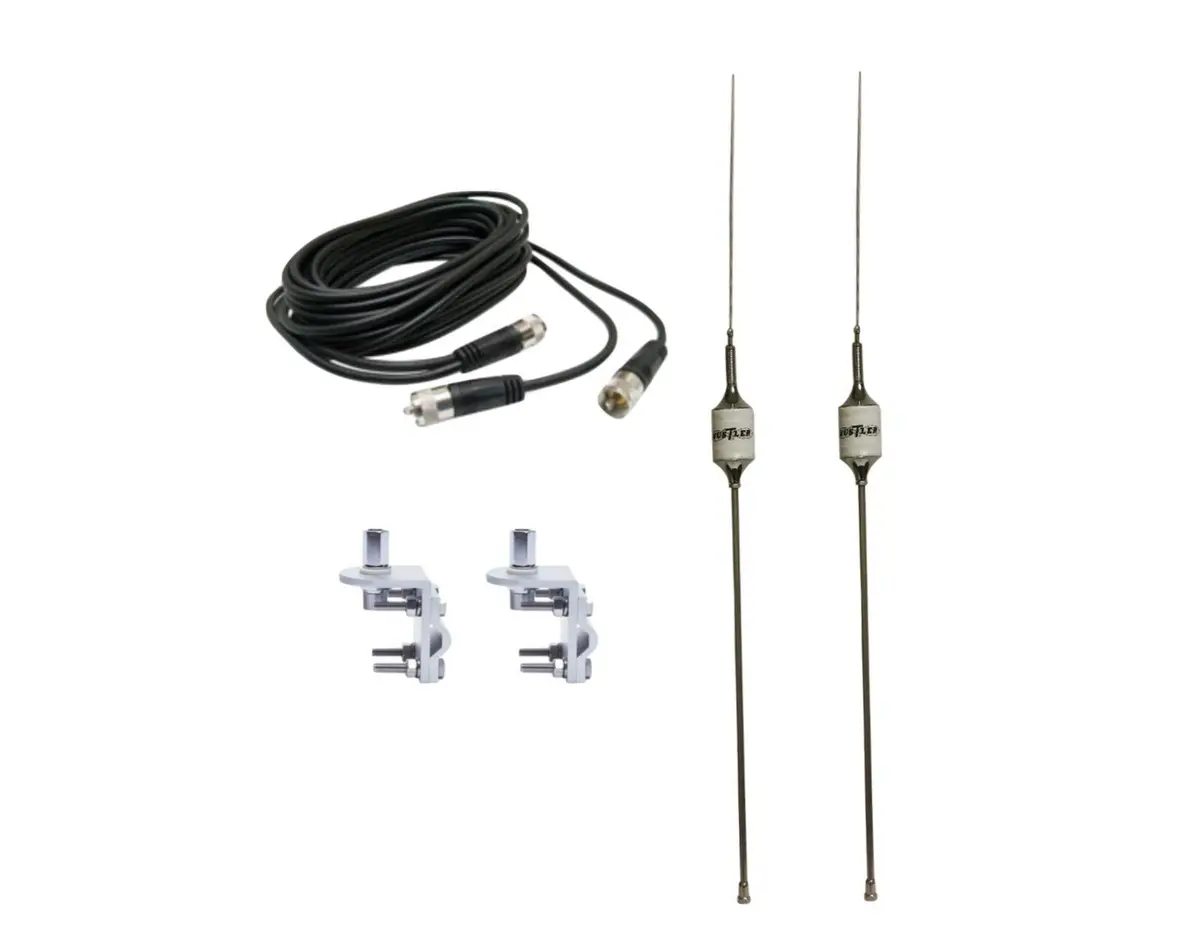 Cb Antenna Kit - Hustler Scb White Dual Antenna Rg59u Cophase Coax & Brackets Combo 1