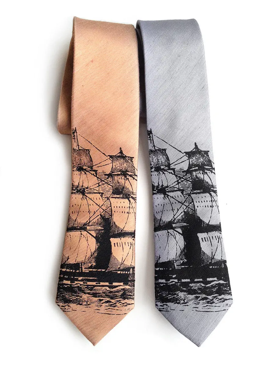 Clipper Ship Linen Necktie. Nautical Print Tie 1