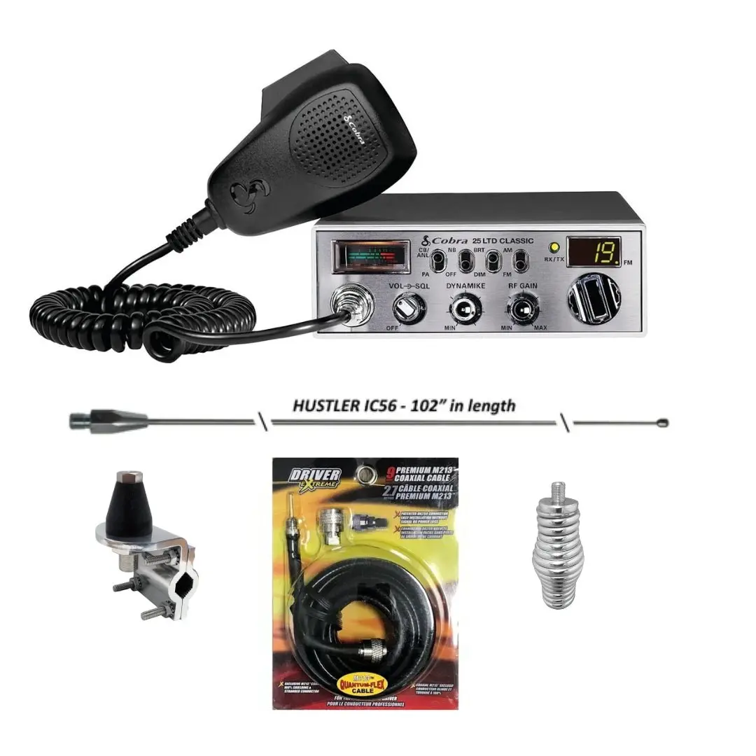 Cobra 25 Ltd Classic 40 Channel Am Fm Cb Radio, Hustler Ic56 102 Inch Whip, Antenna Mirror Mount, Barrel Spring, Coax Cable, Bundle 1
