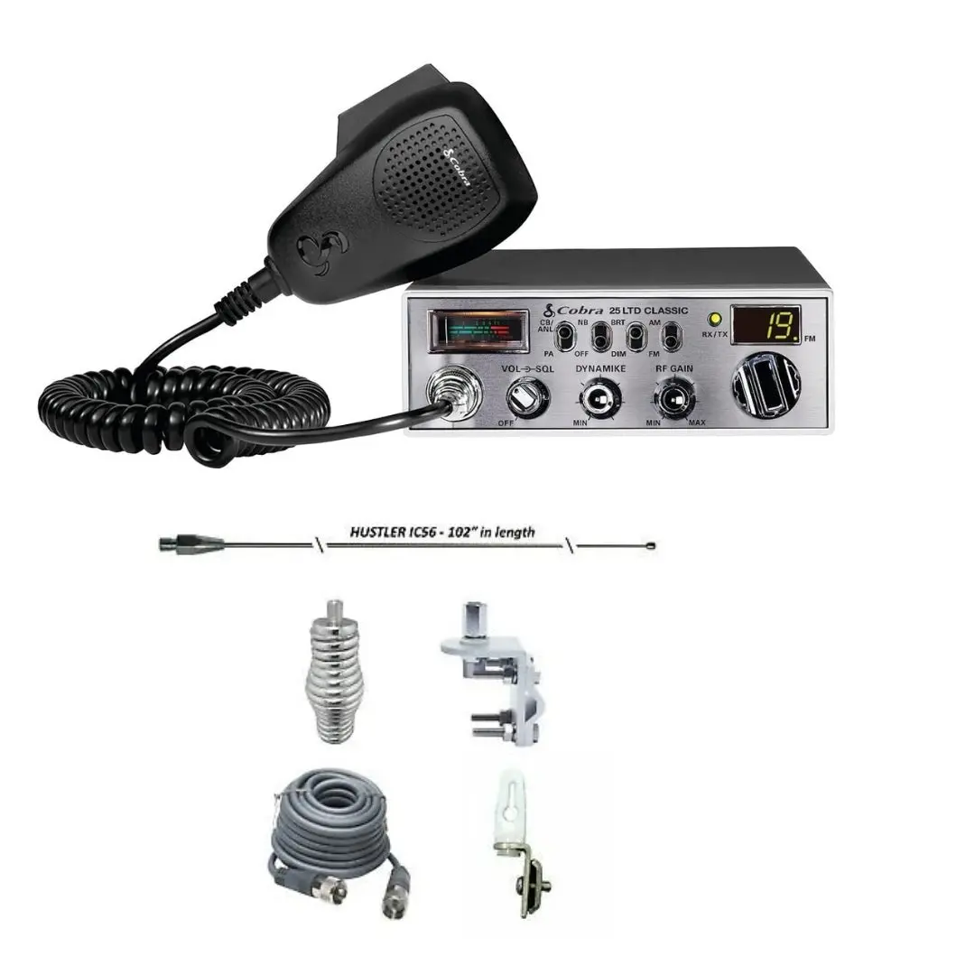 Cobra 25 Ltd Classic Am Fm Cb Radio, Hustler Ic56 102" Cb Radio Stainless Steel Whip Antenna & Installation Kit - 18' Rg8x, Tie Down, Combo 1