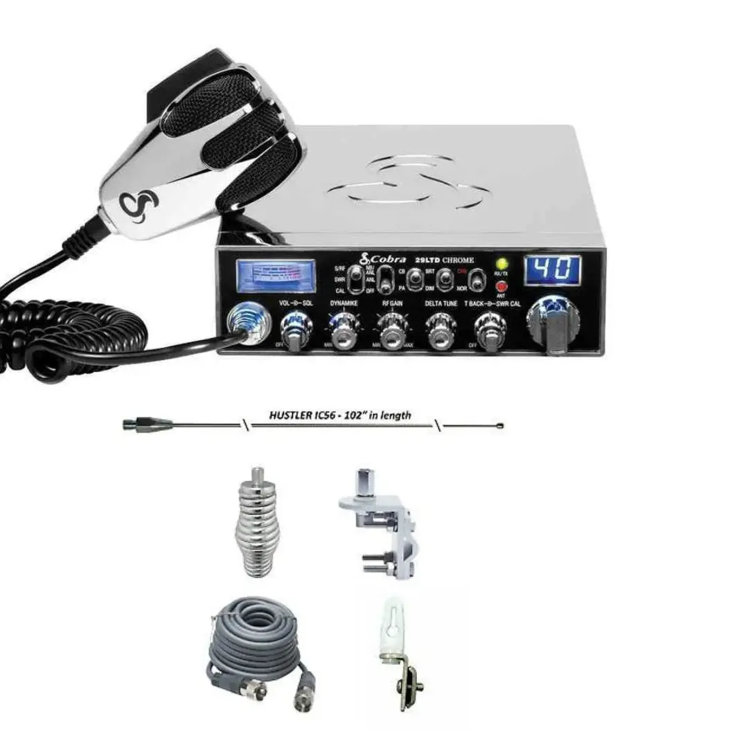 Cobra 29 Ltd Chrome Cb Radio, Hustler Ic56 102" Cb Radio Stainless Steel Whip Antenna & Installation Kit - 18' Rg8x, Tie Down, Combo 1