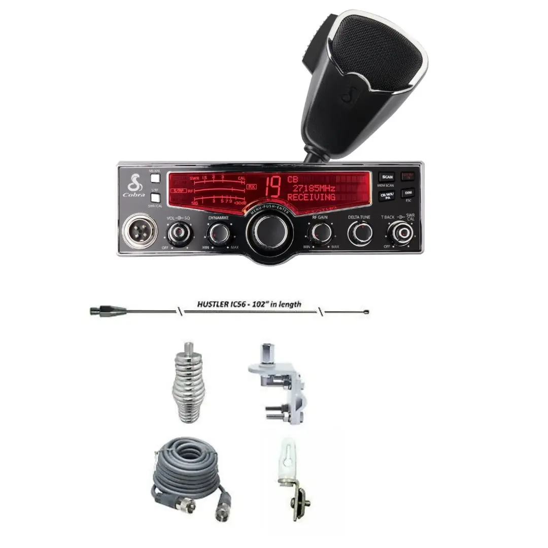 Cobra 29 Lx Cb Radio, Hustler Ic56 102" Cb Radio Stainless Steel Whip Antenna & Installation Kit - 18' Rg8x, Tie Down, Combo 1