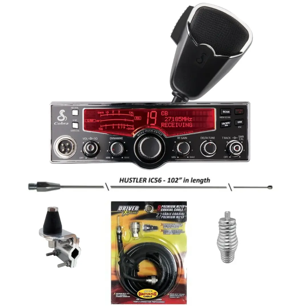 Cobra 29 Lx Cb Radio, Hustler Ic56 102 Inch Whip, Antenna Mirror Mount, Barrel Spring, Coax Cable, Bundle 1